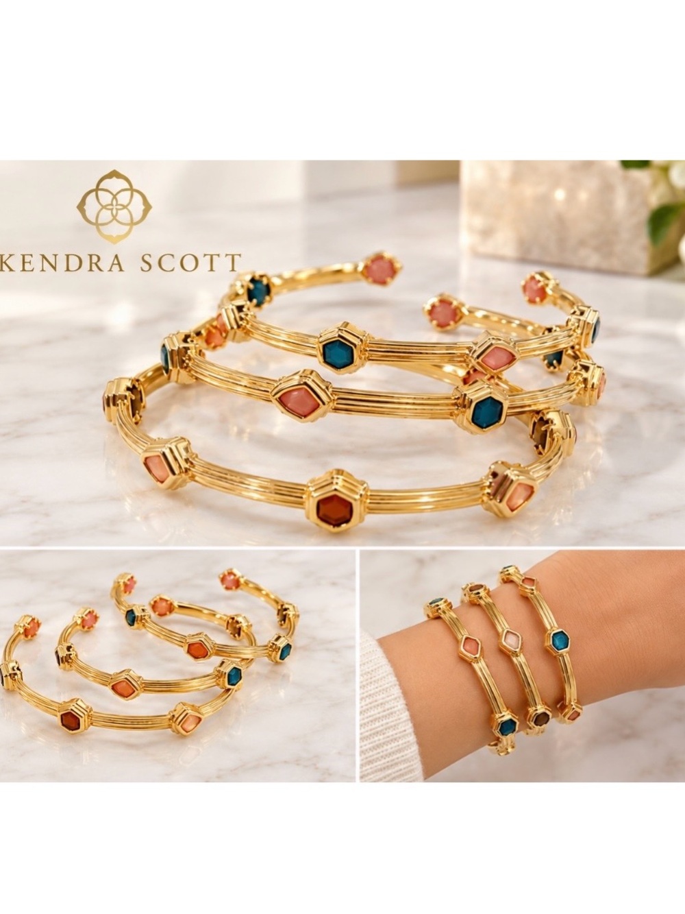 Kendra Scott Gold-Plated Open Cuff Bracelet Set of 3 with Blue and Coral Stones
